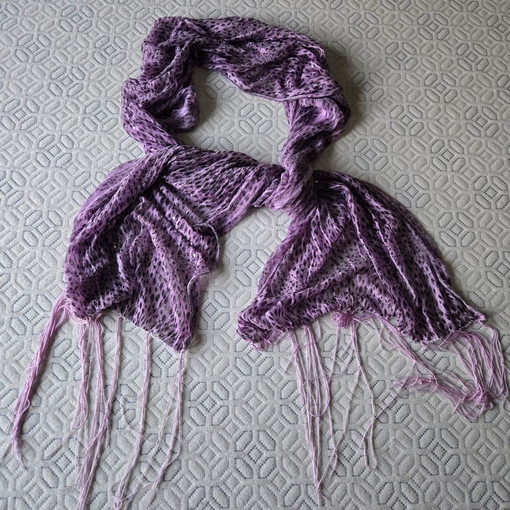 Elegant Purple Scarf With Sequen Accents And Fringe